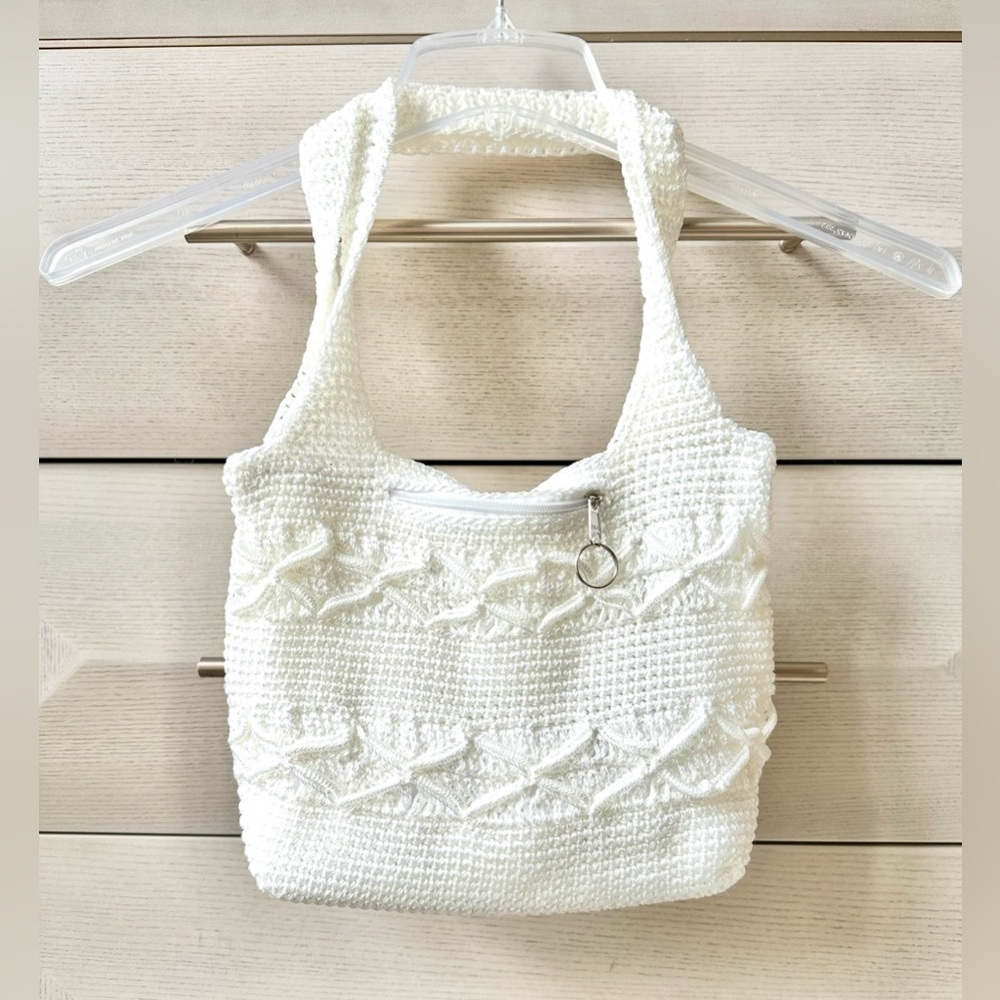 VINTAGE IVORY CROCHET TOTE BAG WITH POCKET